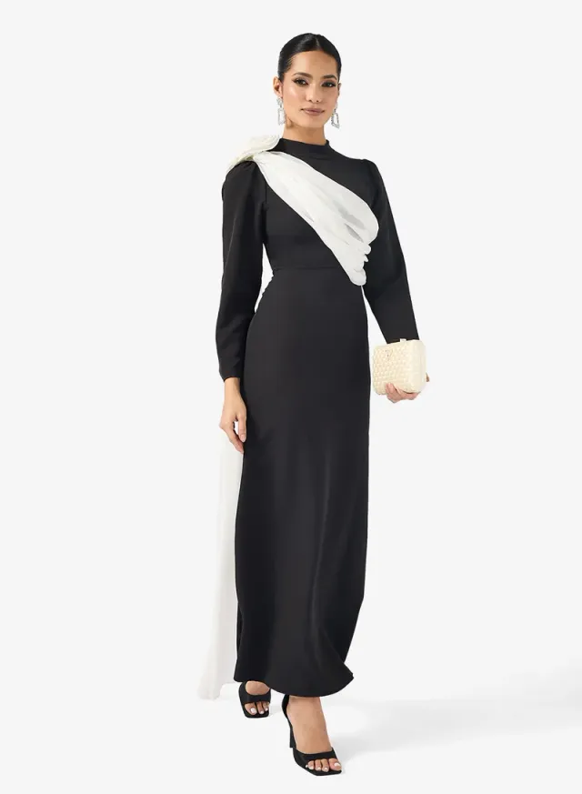 Contrast Drape Shoulder Trail Dress Black