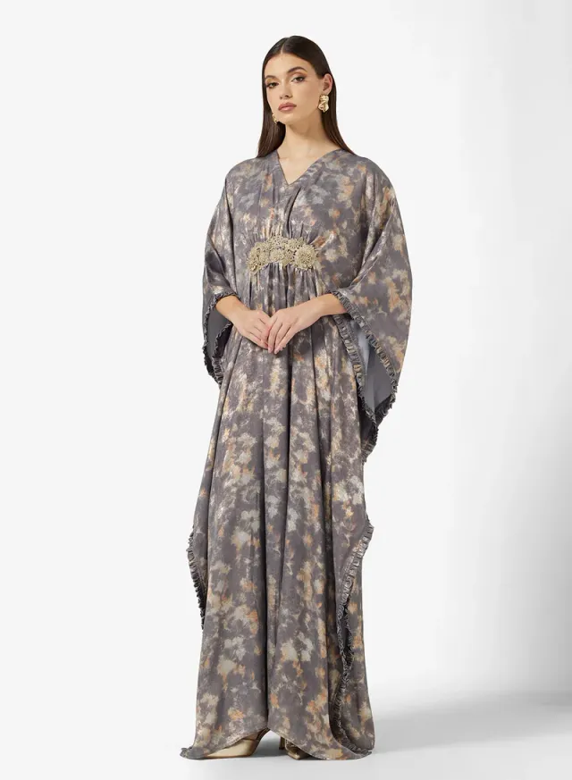 Grey Embroidered Lace Front Kaftan for Women – image 4