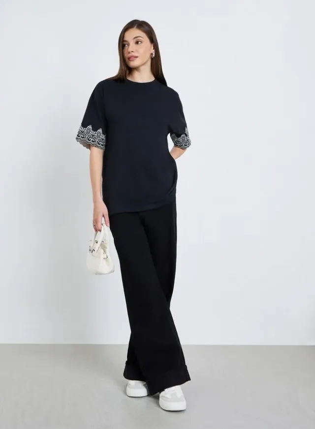 Women's Oversized Embroidered Sleeve T-Shirt Black – image 2