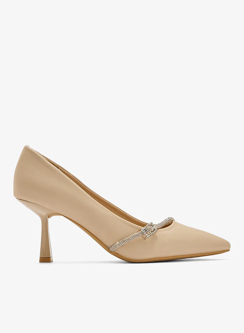 Diamante Heeled Pump Pale Beige