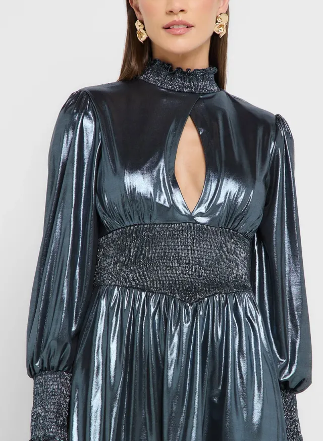 Petrol Blue Metallic Pleated Mini Dress with Keyhole Detail – image 3