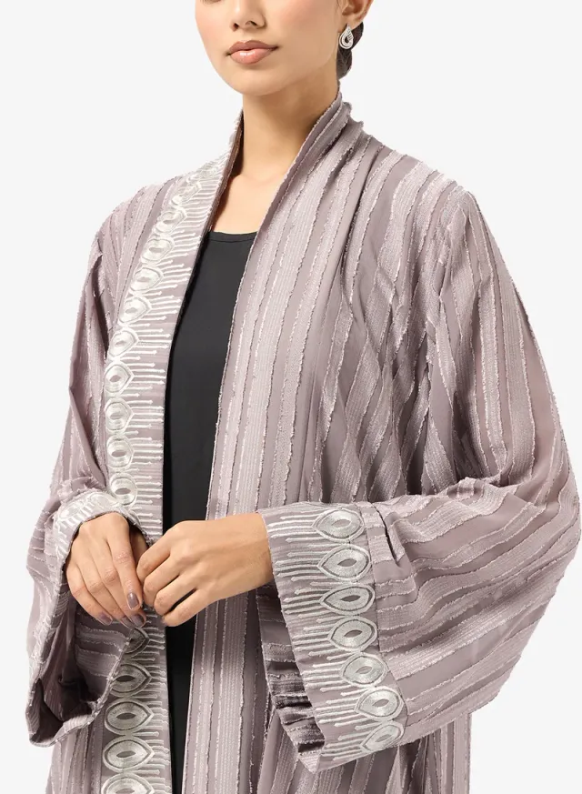 Striped Abaya and Sheila Set - Loose Fit - Pruplish Brown - Hayas Closet – image 3