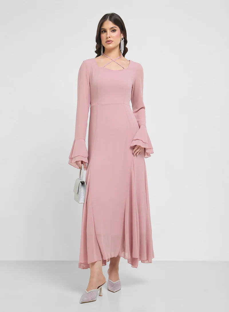 Bell Sleeve Cross Neck Dress Pastel Pink