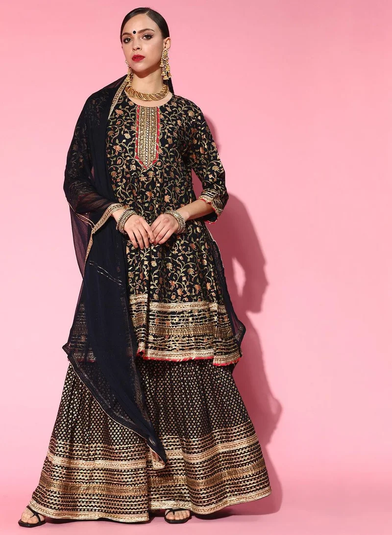 Women's Embroidered Rayon Kurta Palazzo Set Deep Midnight Blue
