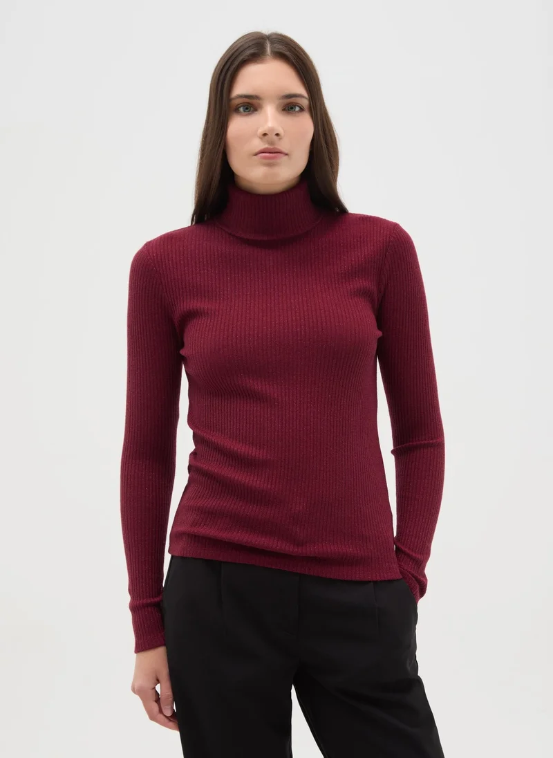 OVS Striped Sleeve Crew Neck Top Burgundy