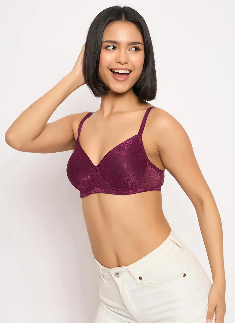 Clovia Lace Padded Non-Wired Bra Purple