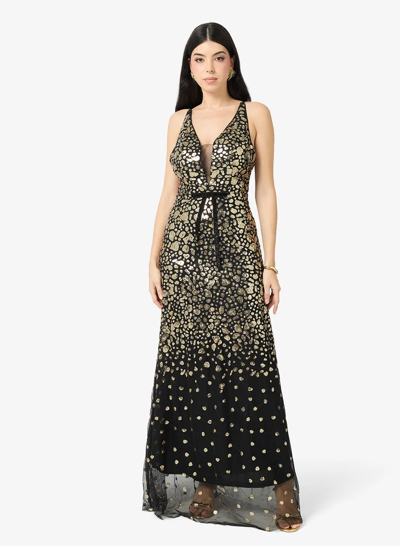 Shimmer Back Tie Evening Dress