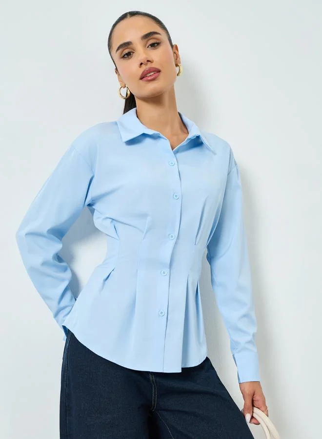 Pleated Fitted Waist Long Sleeve Shirt Blue