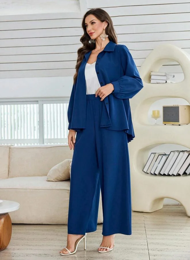 Women's Long Sleeve Shirt and Pants Set Deep Blue
