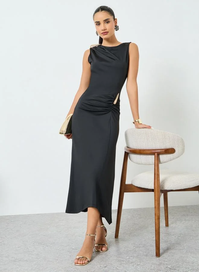 Sleeveless Draped Ruched Maxi Dress Black