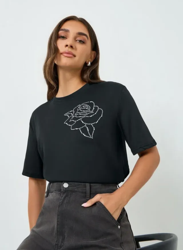 Women's Oversized Rose Crystal T-Shirt Black – image 5