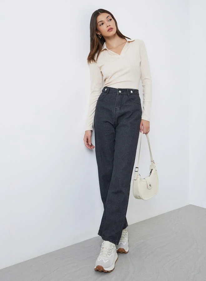 Styli Solid Mid Rise Wide Leg Jeans Black