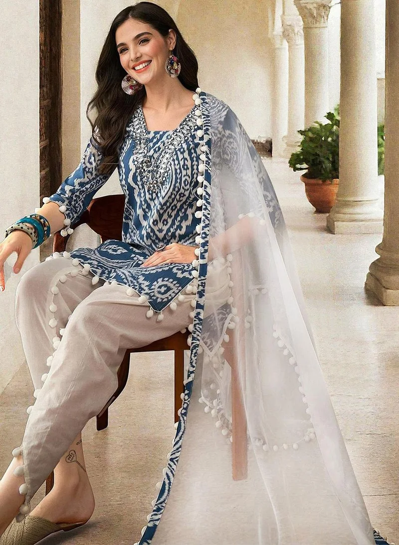 Women's Cotton Printed Straight Kurta Set - Blue