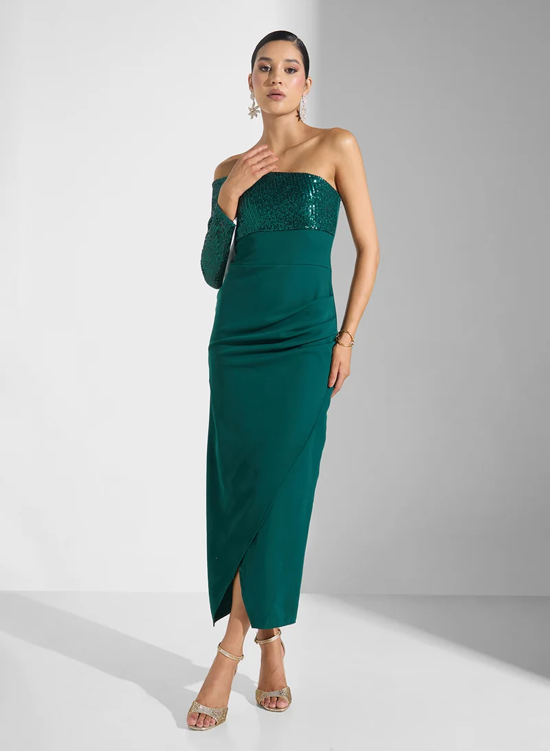 One-Shoulder Shimmer Dress Dark Green