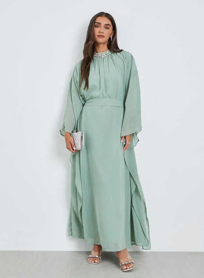 Embellished Cape Sleeve Maxi Kaftan Sage Green