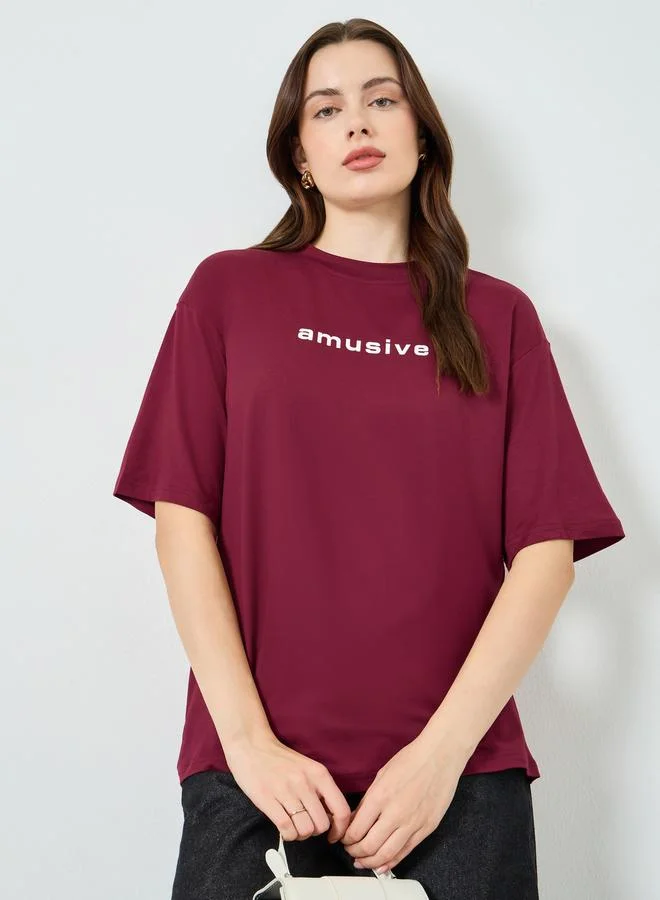 Oversized Slogan Print T-Shirt Burgundy