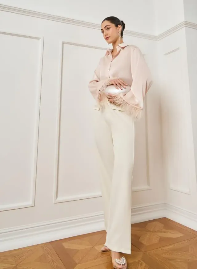 Feather Trim Satin Shirt Cream – image 2