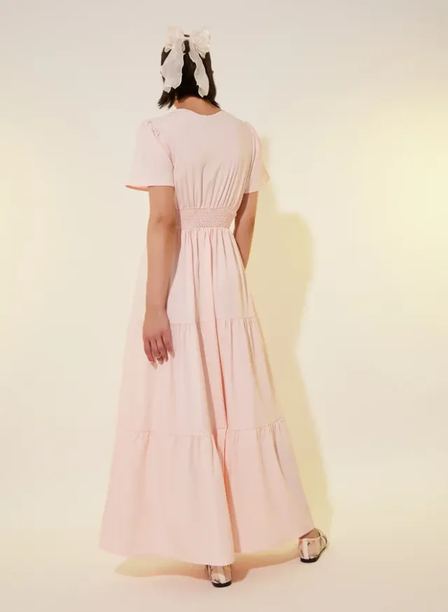 Light Pink Cotton Maxi Dress with Smocked Waist and Short Sleeves – image 5