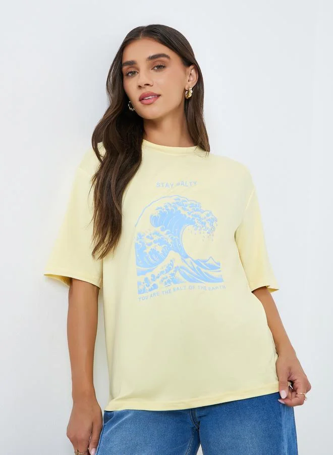 Women Graphic Print Oversized T-Shirt Yellow