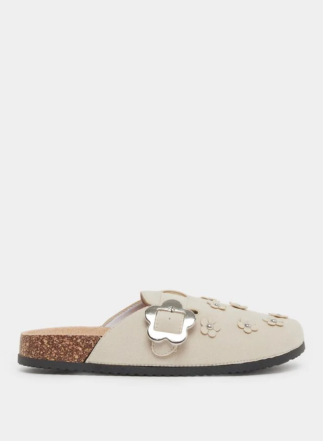 Floral Buckle Mules Beige
