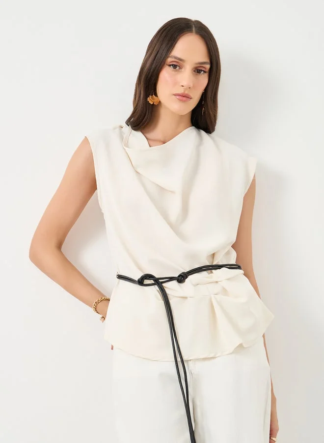 Styli Draped Sleeveless Belted Blouse Cream