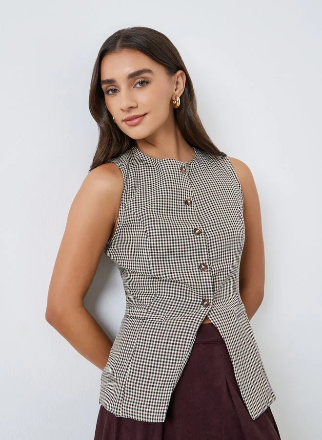 Gingham Patterned Waistcoat Brown