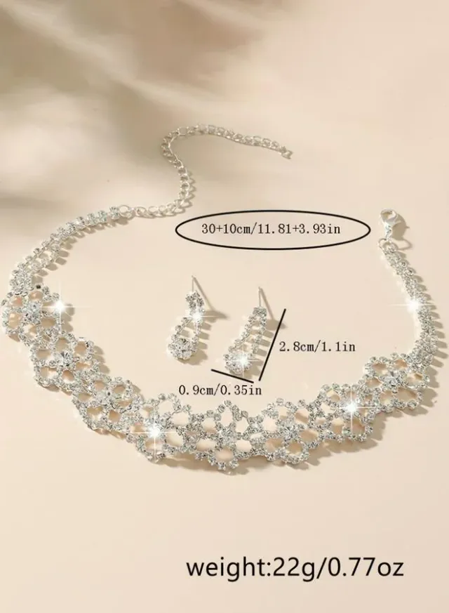 Women Silver Floral Crystal Choker Necklace And Earrings Set – image 4