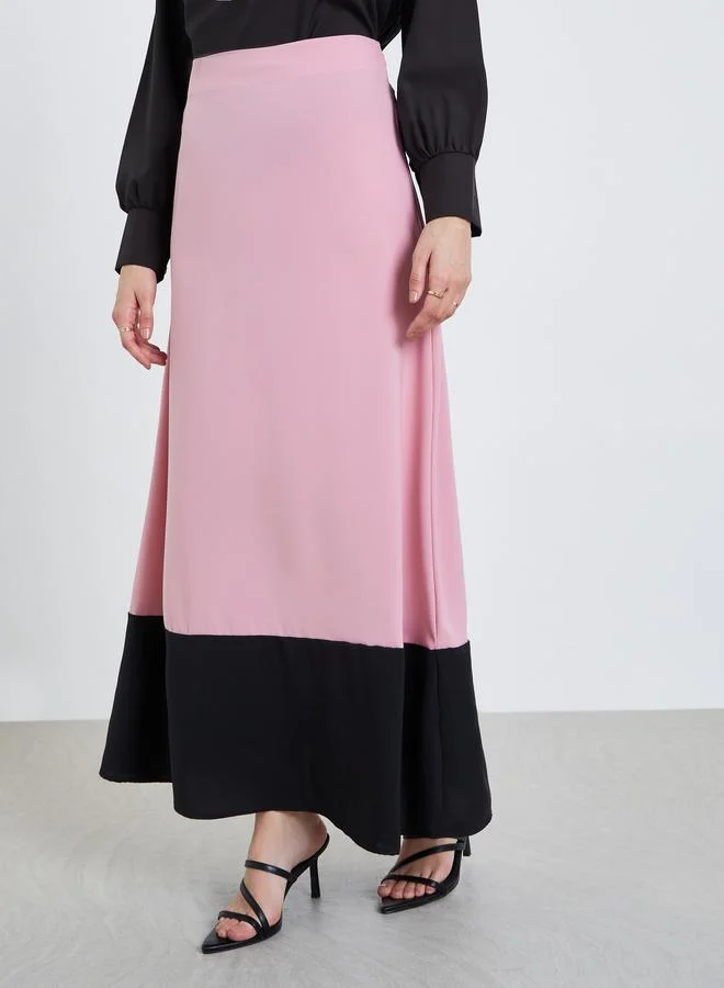 Contrast Hem Color Block Maxi Skirt Pink