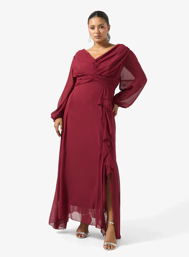 Ruffle Puff Sleeve Dress Burgundy