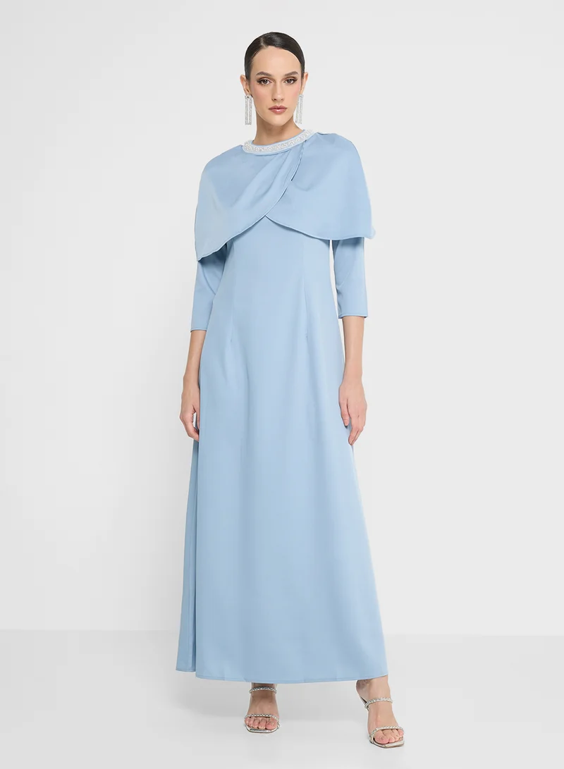 Embellished Neckline A-line Dress Sky Blue