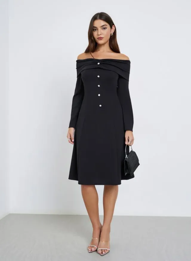 Off-Shoulder A-Line Knee-Length Dress Black
