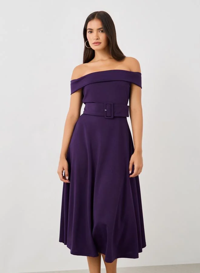 Styli Off Shoulder Belted A-Line Midi Dress Deep Purple
