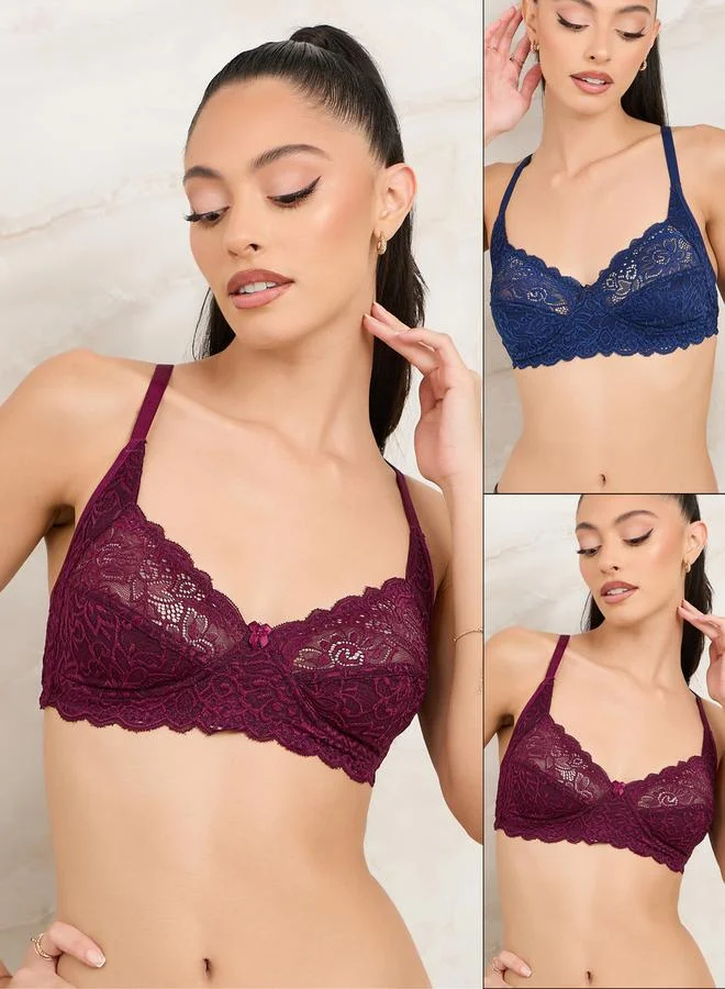 2-Pack Non-Wired Non-Padded Lace Full Cup Bras Burgundy