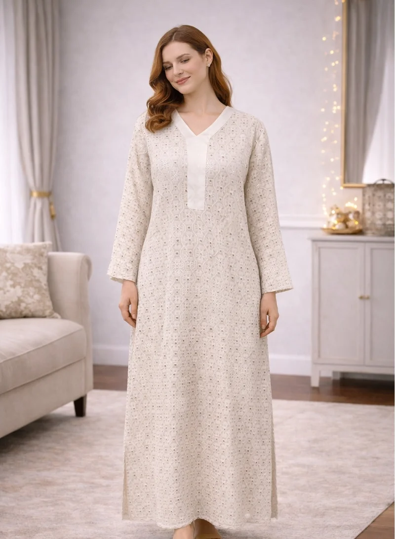 Chikankari Style Mirror Work Rayon Jalabiya Ivory