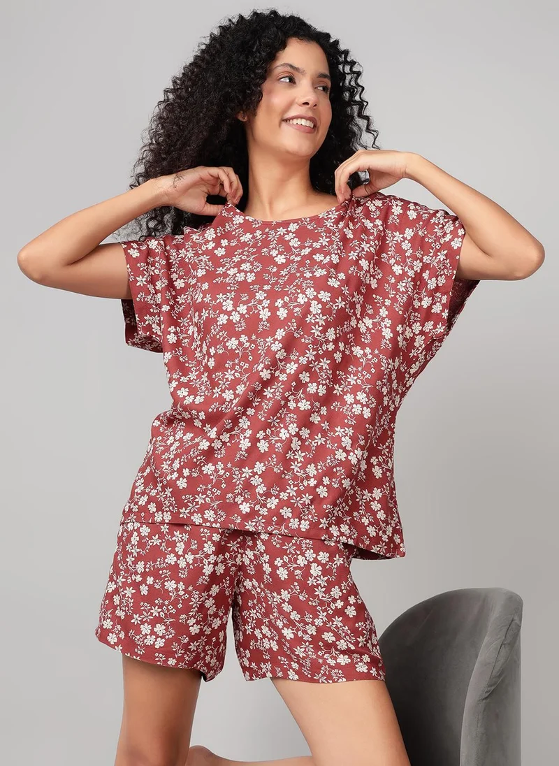 Clovia Floral Crepe Top & Shorts Set Brown