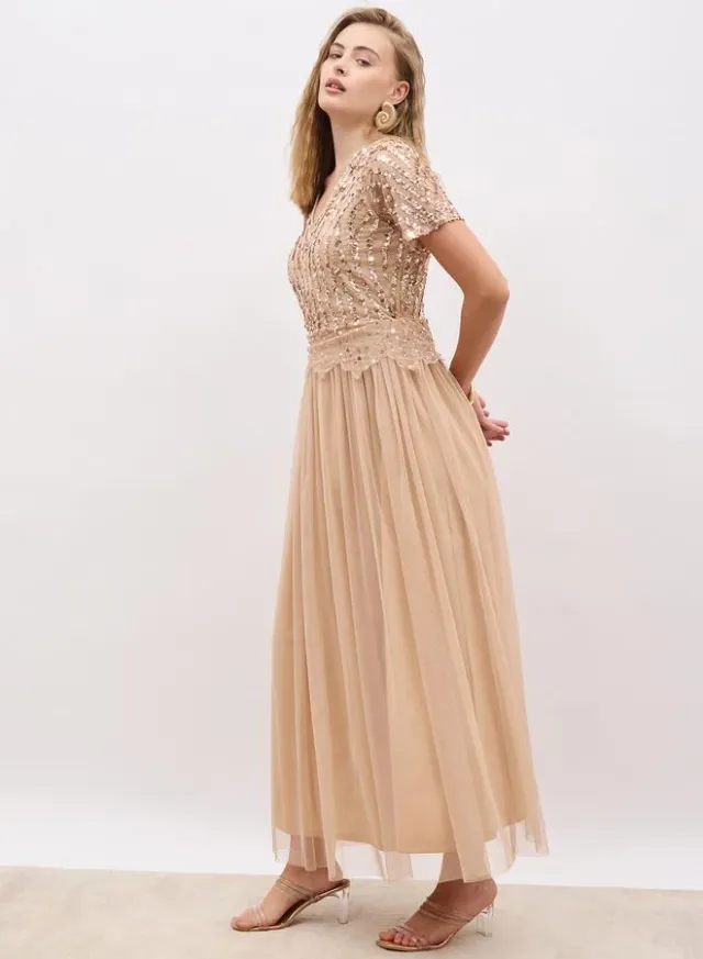 Teal Maxi Fit & Flare Dress with Embellished Bodice and Waist – image 3