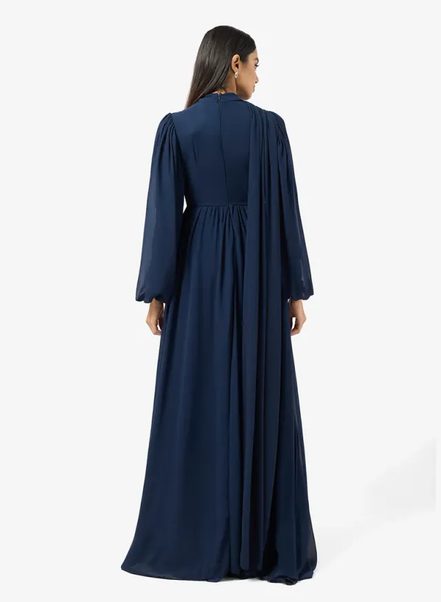 Navy Blue Maxi Dress with Embellished Waist and Trail – image 2