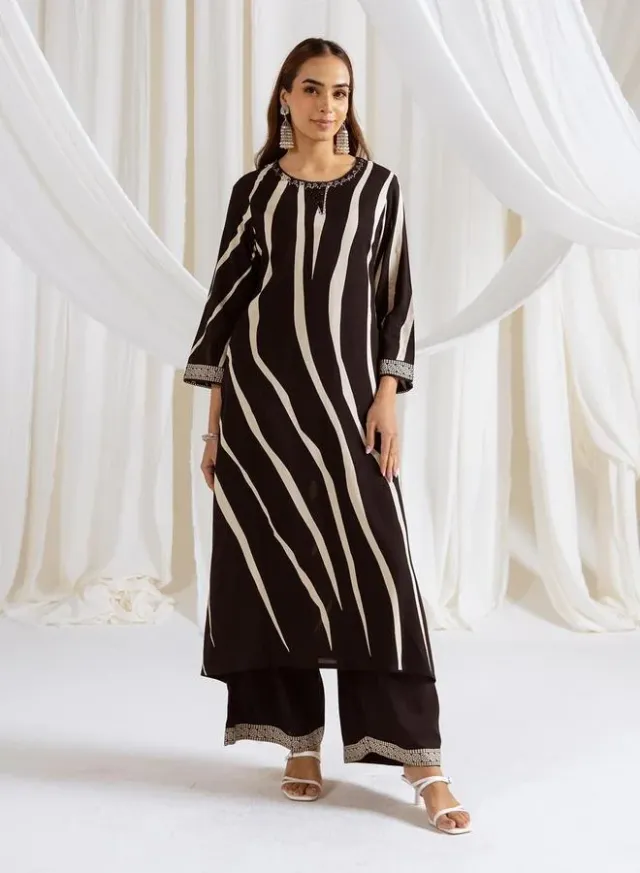 Women's Printed Rayon Kurta Palazzo Set Black