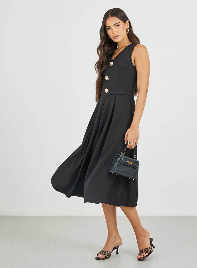 Sleeveless Buttoned A-Line Midi Dress Black