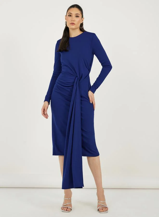 Self-Tie Long Sleeve Sheath Midi Dress
