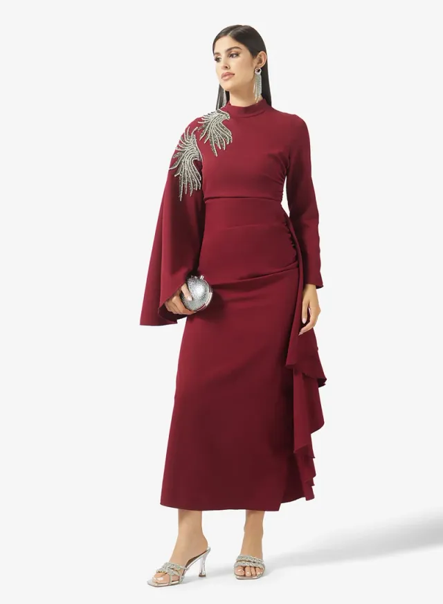 Burgundy Maxi Fit & Flare Dress with Ruched Detail and Shoulder Embellishment – image 4