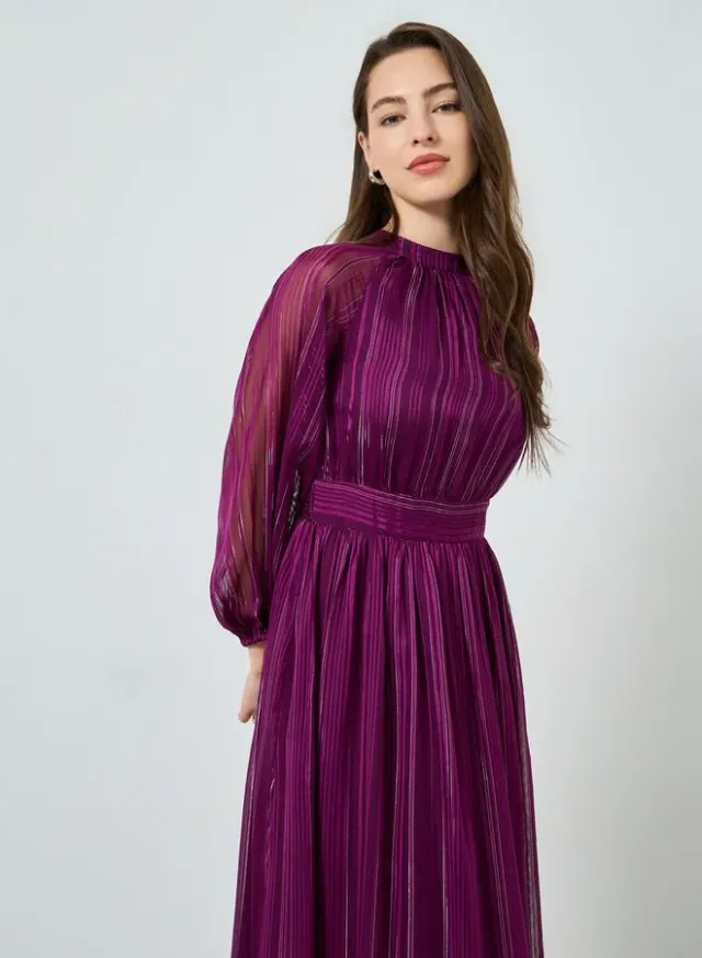 Textured Long Sleeve A-Line Maxi Dress Purple – image 3