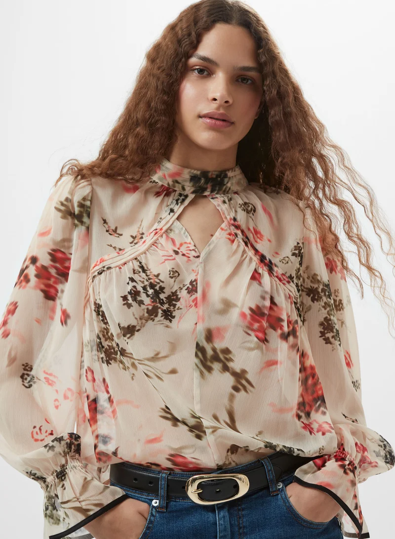Hallie Crinkle Contrast Floral Top Beige