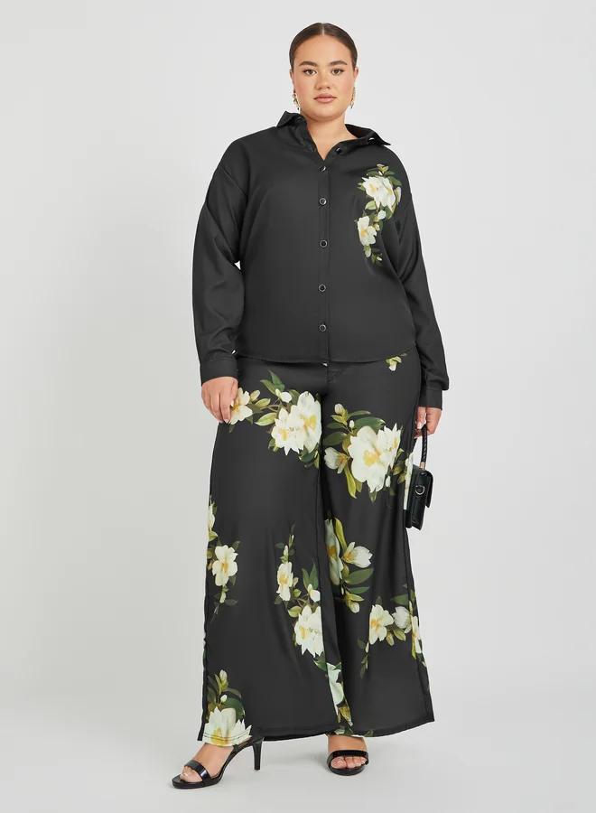 Plus Size Floral Satin Shirt & Wide Leg Pants Set Black