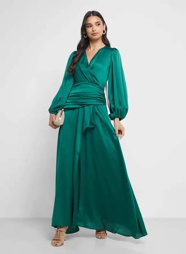 Emerald Green Maxi Wrap Dress with V-Neck and Front Slit – image 4