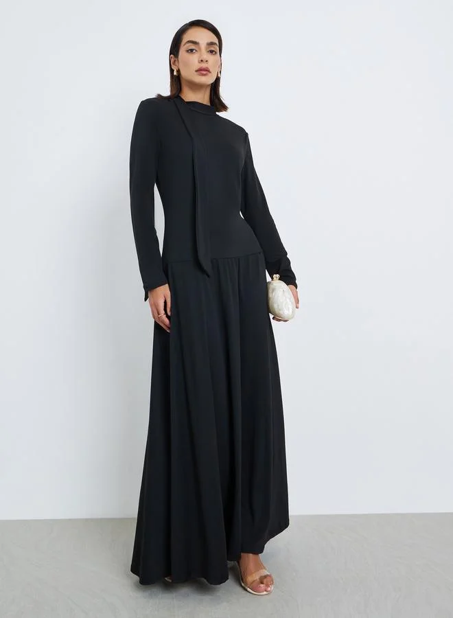 Paneled Neck Tie A-Line Maxi Dress Black