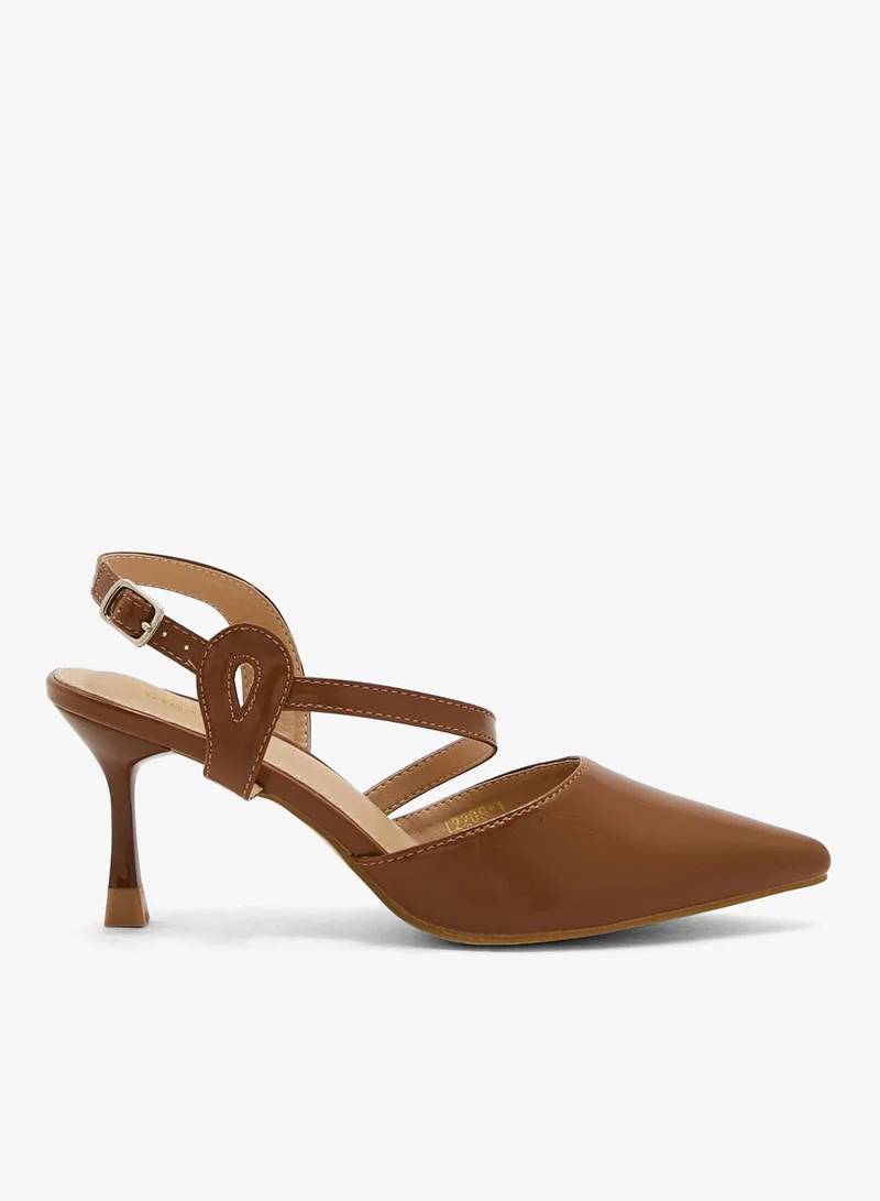 Shiny Asymmetric Strap Pointed Pumps Sienna