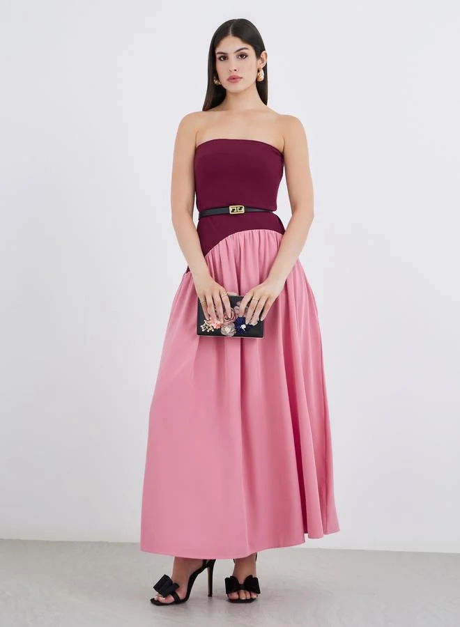 Strapless Color Block Belted A-Line Maxi Dress Rose Pink