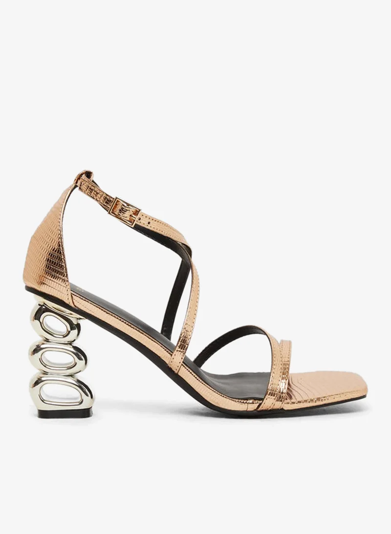 Metallic Strappy Tiered Heel Sandals Pale Taupe