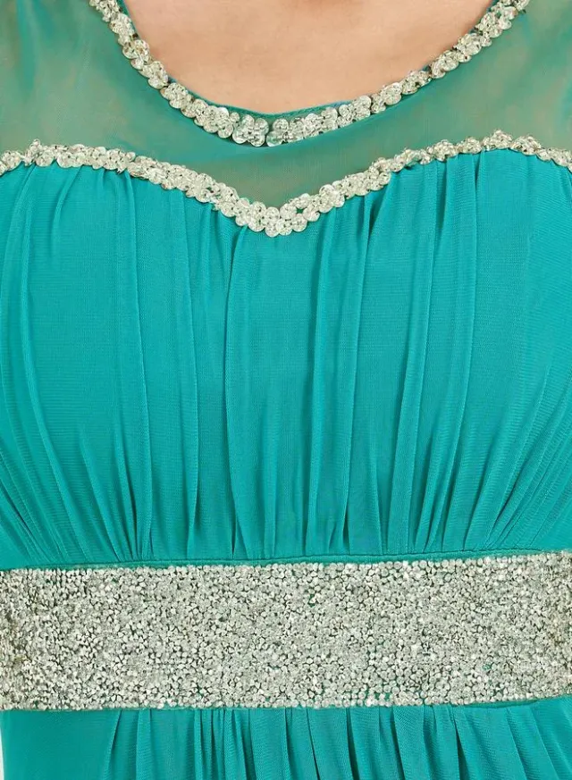 Teal Maxi Fit & Flare Dress with Embellished Bodice and Waist – image 4